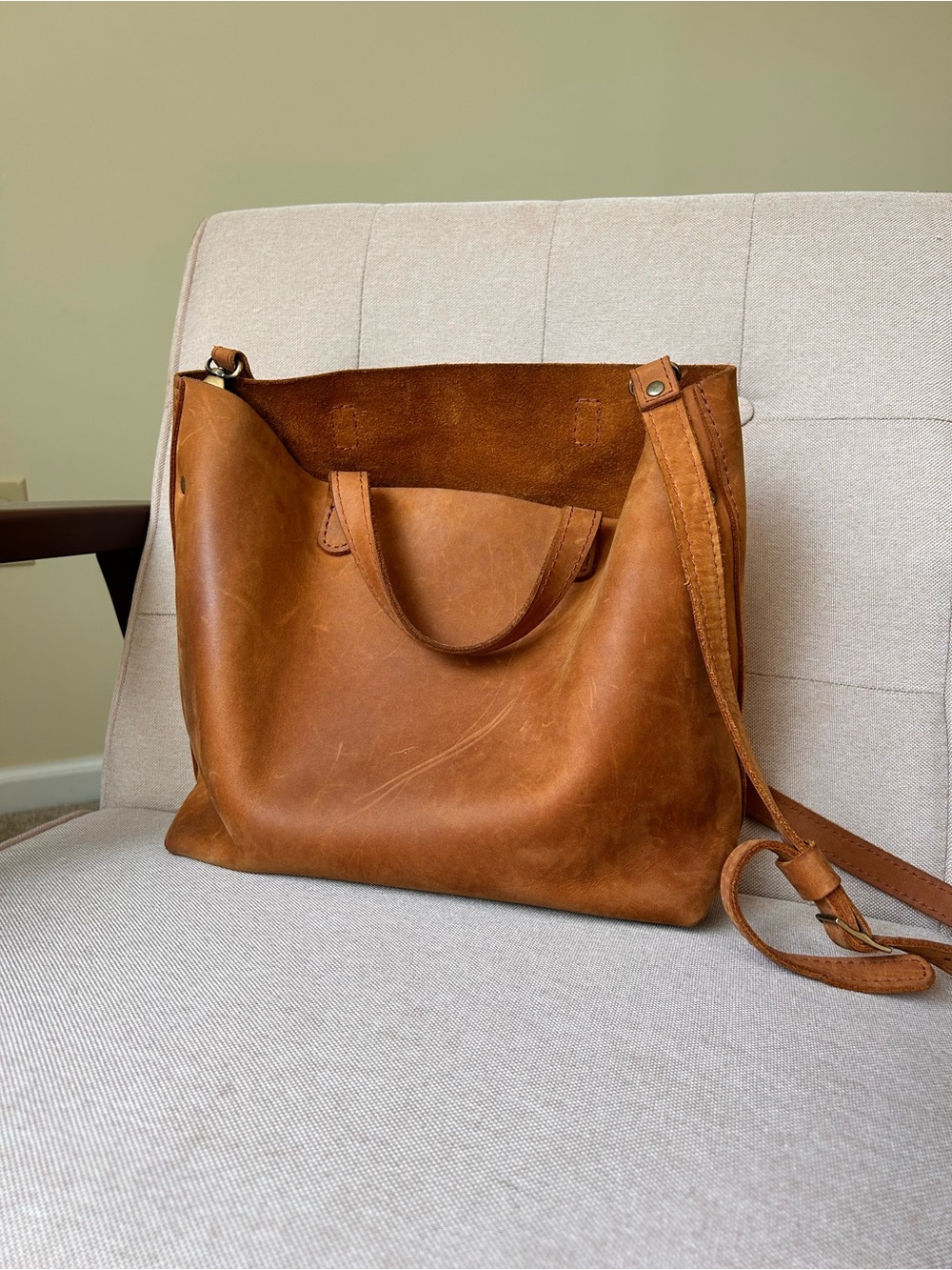 Portland Leather Cognac Shoulder Tote with Front Pocket - Picture 2 of 7